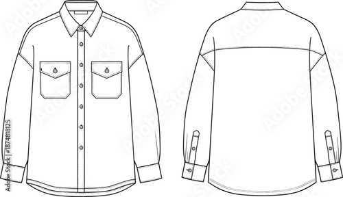 Technical fashion sketch of a blank unisex long sleeve button down shirt with pockets, front and back views apparel design template isolated on white.