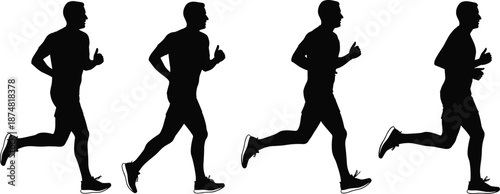 Vector Silhouette Sequence of a Male Runner Jogging in Motion Showing Different Athletic Poses Isolated on White Background for Sports Fitness and Marathon Design