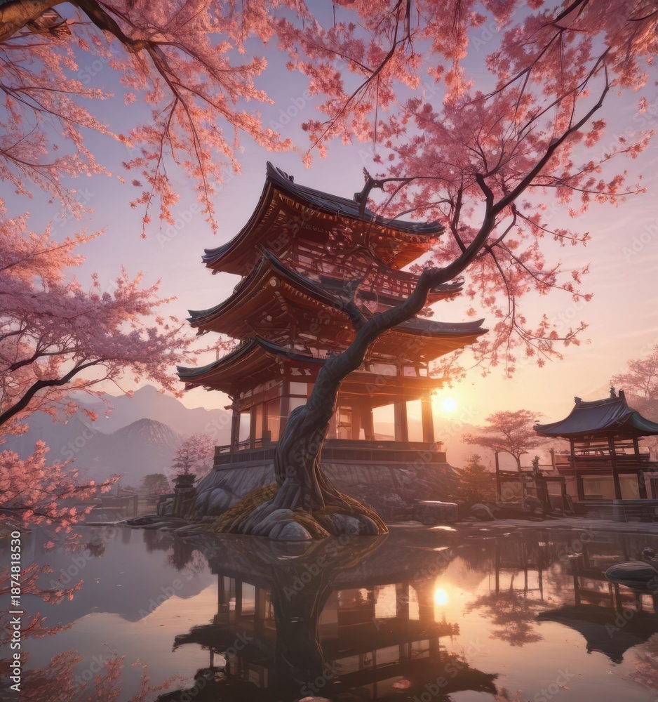 Obraz premium A stunning traditional Japanese painting of a Sakura tree in front of a beautiful temple with a sunrise background and blooming flowers , Sunrise, Art