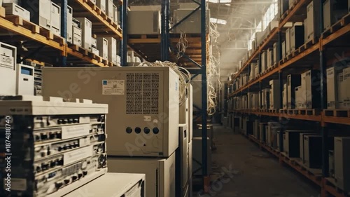 Old computer systems and CRT monitors stacked on racks in a large, dusty warehouse