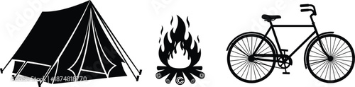 Outdoor camping gear set with a canvas tent, campfire with logs, and a classic bicycle silhouette, adventure travel black and white vector,