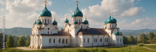 Nikolsky Monastery church with onion-shaped domes in sunny landscape , Russia, Nikolsky monastery