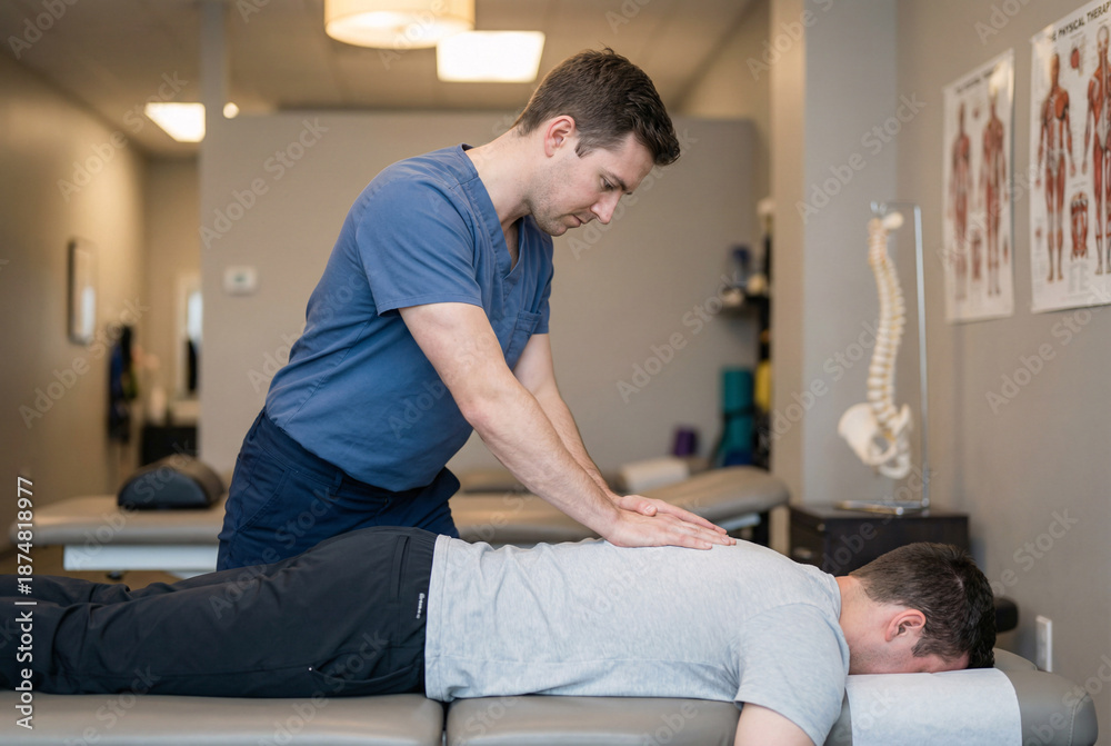 Fototapeta premium Professional physiotherapist performing back massage treatment on patient indoors, highlighting healthcare therapy, body recovery and physical wellness support.