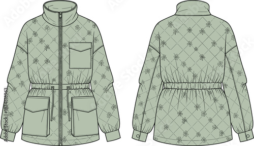 Outdoor Hooded Windbreaker Jacket Technical Flat Fashion Sketch, Winter Sportswear CAD Drawing Flat Vector Illustration, Men’s Performance Raincoat Garment Template.