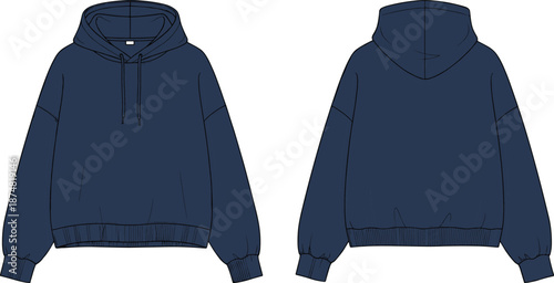Oversized hoodie technical fashion illustration, front and back view sweatshirt, cad drawing flat vector illustration, modern apparel design