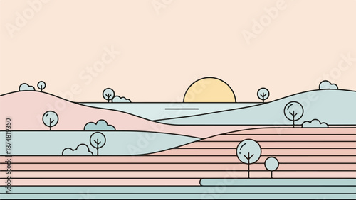 Soft pastel landscape with rolling hills and clear sky