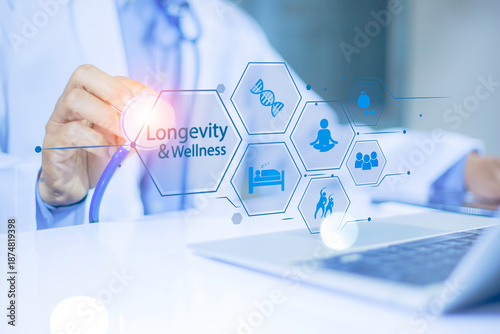 фотографія Doctor holding virtual wellness and longevity interface with health, lifestyle and medical icons