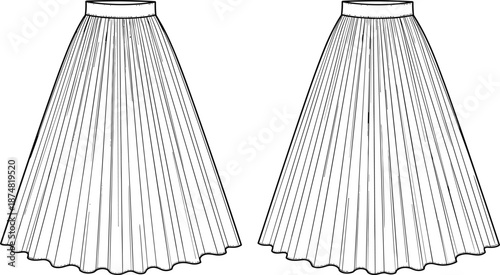 Pleated midi skirt technical fashion design front back view, cad drawing flat vector illustration for apparel manufacturing pattern development template