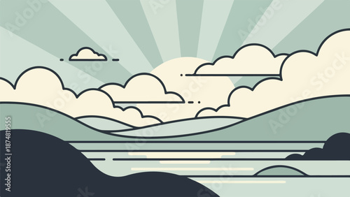 Serene landscape with rolling hills and a gradient sky with white clouds