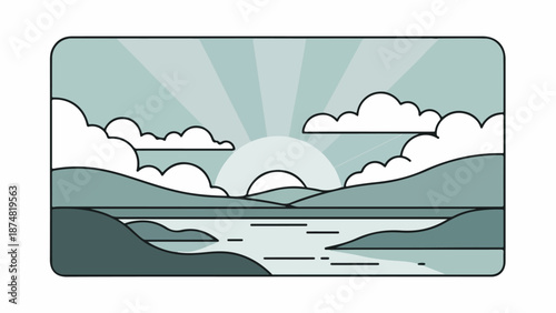 Illustration of a serene natural landscape with layered hills, water, and a cloudy sky