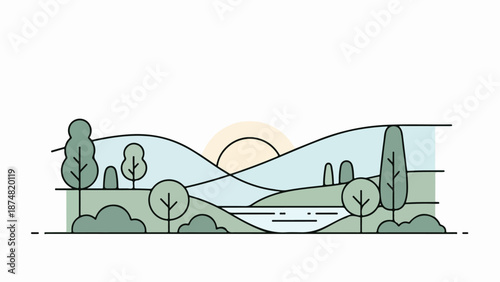 Illustration of a serene landscape with rolling hills, a winding river, and a warm golden sunrise or sunset