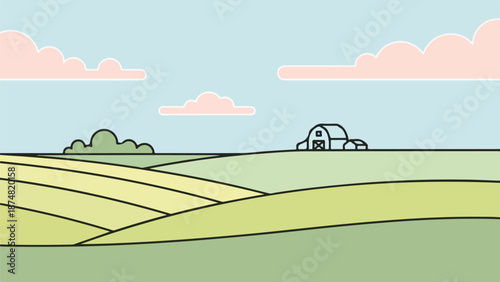 Stylized rural landscape with rolling hills, green shrubs, and a solitary barn under a soft blue sky with pink clouds