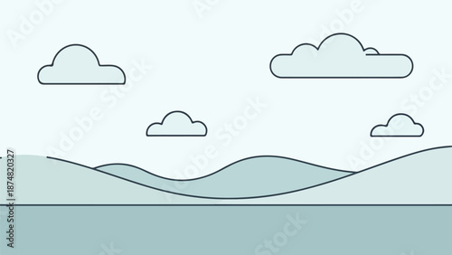 Serene landscape with tranquil body of water, light gray landmass, and expansive sky with four fluffy clouds