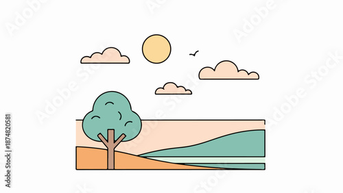 Illustration of a solitary tree near a calm body of water with a sun and clouds in the background