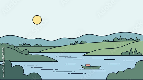 Serene lakeside illustration with a small boat and rolling hills