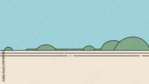 Serene landscape with light beige plain, green dome-shaped hills, and light blue sky