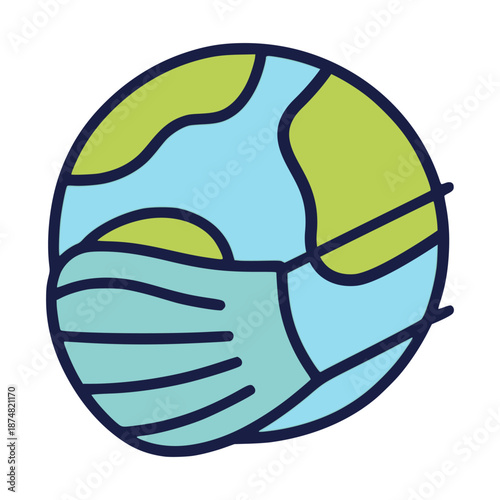 world wearing mask with disease virus flat color vector illustration template design