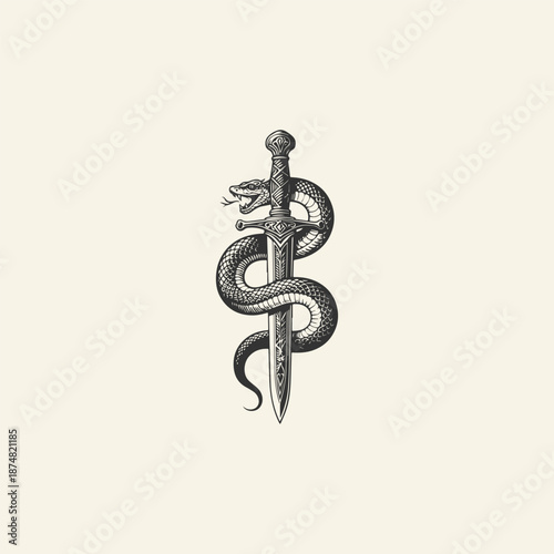 A logo template in the form of a snake wrapped around a sword with a vintage style illustration.