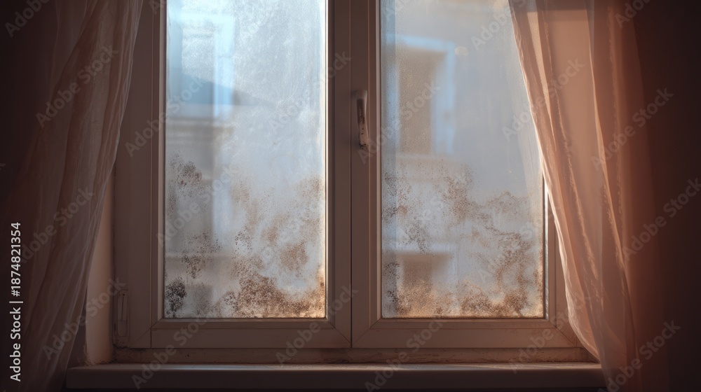 Fototapeta premium Dirty Window with Foggy Glass and Dust Accumulation in Indoor Environment and Fabric Curtain