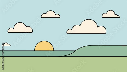 Illustration of a tranquil landscape with a soft, muted color palette and a sunrise or sunset glow