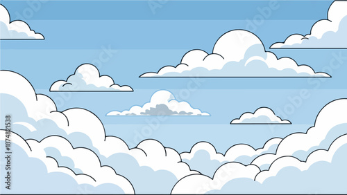 Playful cartoon-style illustration of a serene sky with fluffy white clouds in varying sizes and shapes