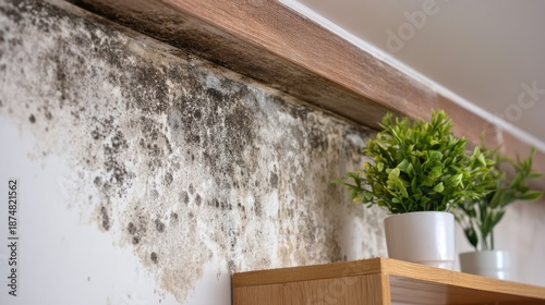 Close-Up of Mold Growth on Wall with Wooden Trim and Decorative Greenery in Indoor Environment