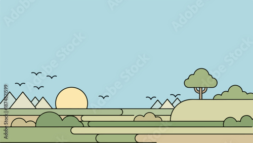 Serene landscape illustration with rolling hills, a solitary tree, and distant mountains under a soft light blue sky with an orange sun