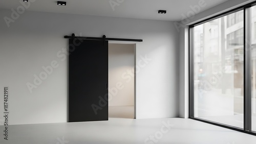 Empty square room with Black sliding door in the shop or windows