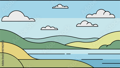 Serene landscape with rolling hills, distant mountains, and calm body of water under a clear blue sky