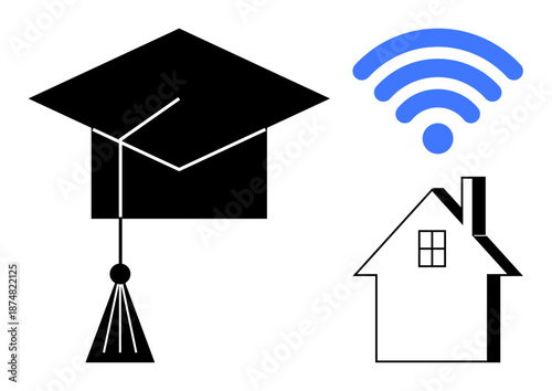 Distance learning, online classes, homeschooling, e-learning, innovation in education, remote access to studies. Image shows a graduation cap, wireless signal and house. Distance learning and online