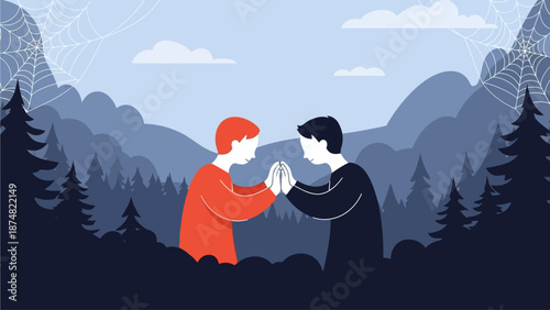 Two men in prayer stance facing each other in nature