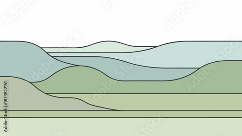 Abstract landscape illustration with layered green and blue elevations