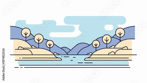 Symmetrical river valley landscape with blue mountains and stylized clouds