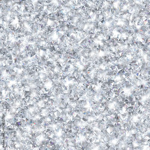 a seamless pattern of sparkling diamonds and crystals with a white background and a silver glitter texture.
