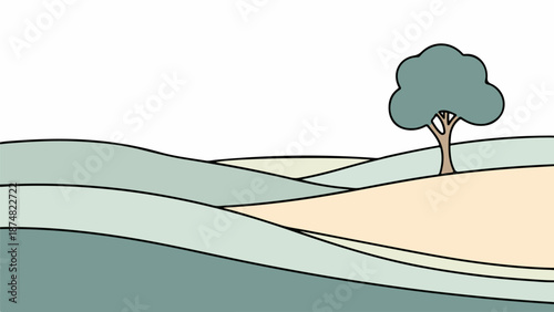 Rolling hillside landscape with a solitary tree under a pastel sky
