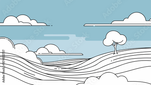 Illustration of rolling hills with a solitary tree under a soft blue sky