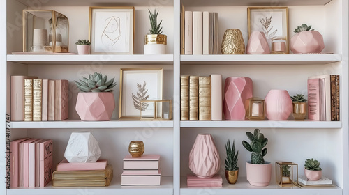 White Bookshelf Pink Gold Decor, Elegant Home Office Interior, Zoom Virtual Meetings Backgrounds, Backdrop, Modern Chic Shelving, Pastel Aesthetic Design, Geometric Vases Succulents, Workspace