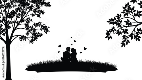 Romantic couple silhouette vector illustration sitting under trees with hearts, love relationship nature scene design isolated on white background, minimalist black art style