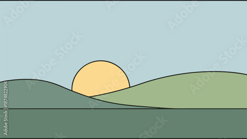 Minimal sunset over rolling hills with two-tone landscape layers