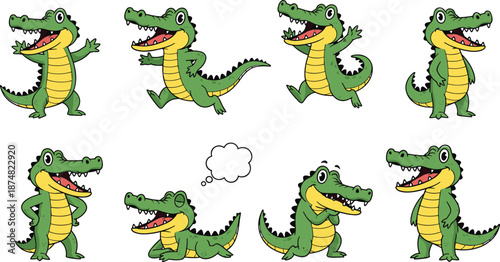 Funny cartoon crocodile character set with multiple poses expressions for kids education playful animal mascot vector illustration design collection isolated
