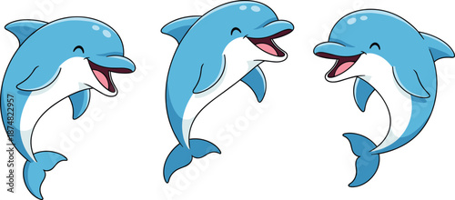 Cute cartoon dolphin characters jumping and smiling illustration for kids education, marine life themes, playful ocean vector design set collection