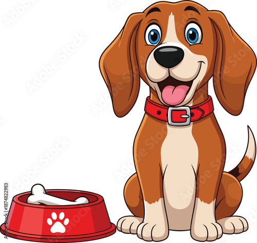 Cute cartoon puppy dog sitting with food bowl illustration for pet care, animal love, kids design, friendly vector artwork isolated