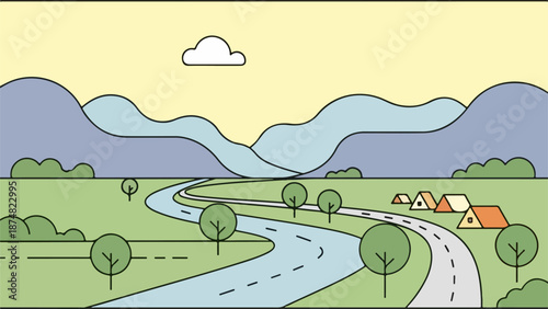 Illustration of a peaceful rural landscape with a village, rolling hills, and a winding river