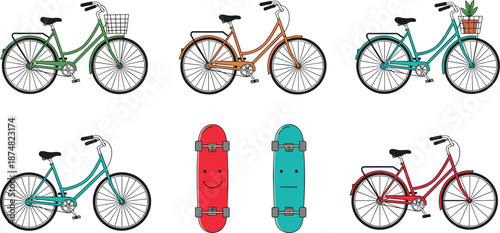 Colorful vintage bicycles and skateboard set illustration for urban lifestyle, eco transport, youth activities, modern flat vector design isolated collection