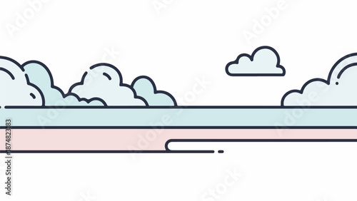 Serene landscape with soft cloud-dotted sky, light blue water, and narrow pinkish landmass