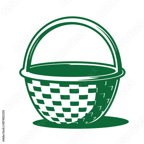 Green and white checkered wicker basket with handle illustration