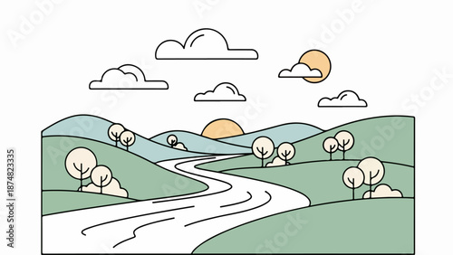 Serene landscape with rolling hills, winding river, and fluffy clouds