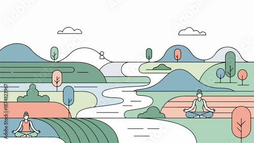 Two women meditating by a winding river in a lush landscape illustration