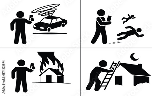 Stick Figure Silhouette Icons Depicting People Recording Emergencies Accidents And Criminal Acts Using Mobile Phones.