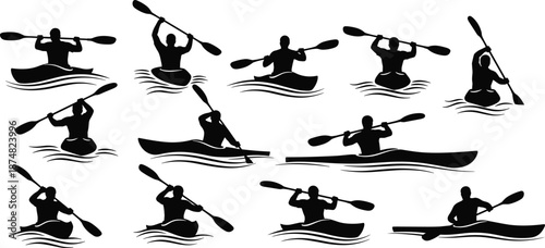 Set of black silhouettes of male kayakers paddling in water, sports icons, rowing adventure graphics, vector kayaking illustrations on a white background,